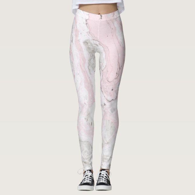 Pink and Gray Faux Marble Modern Leggings (Front)