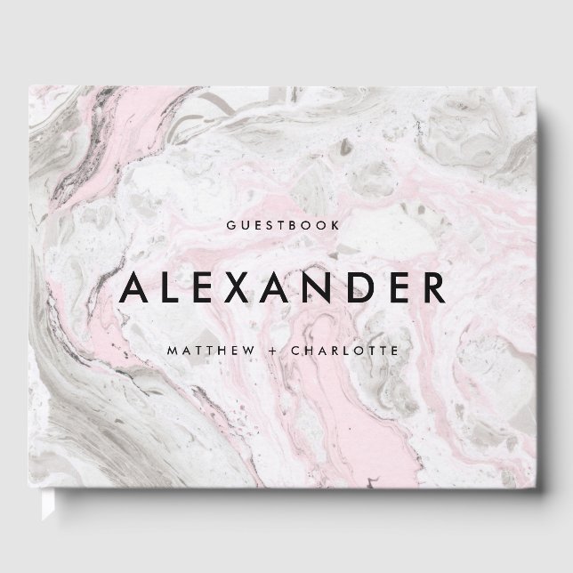 PInk and Gray Faux Marble Modern Wedding Photo Guest Book (Front)