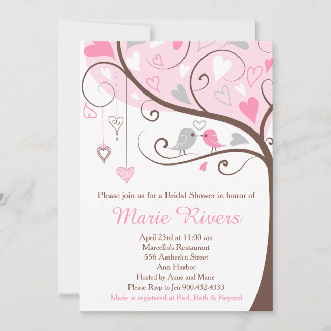 Pink and Gray Floral Bird Bridal Shower Invitation (Front)
