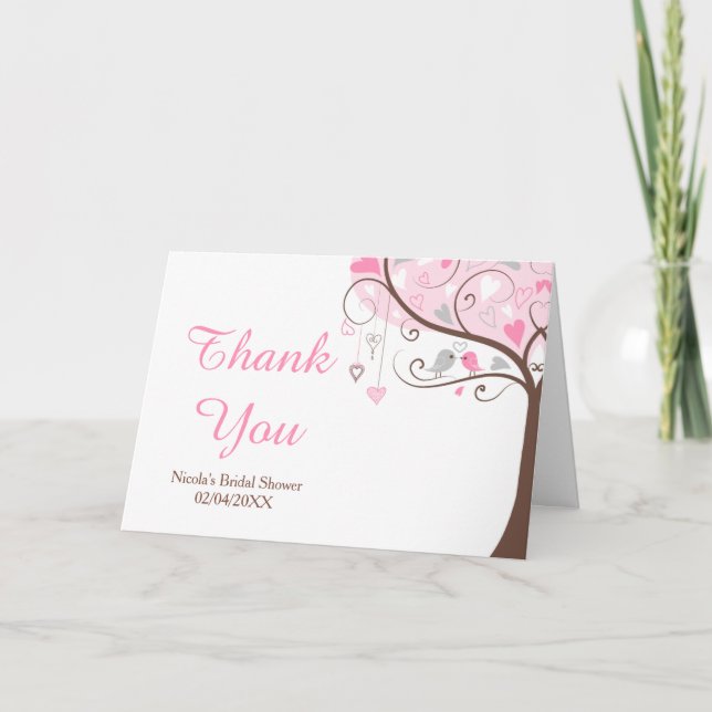 Pink and Gray Floral Bird Bridal Shower Thank You Card (Front)