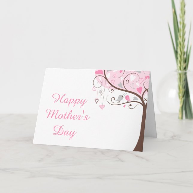 Pink and Gray Floral Bird Mother's Day Card (Front)