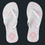 Pink and Gray Floral Damask Monogrammed Flip Flops<br><div class="desc">Beautiful and elegant floral damask pattern and quatrefoil frame monogram.</div>