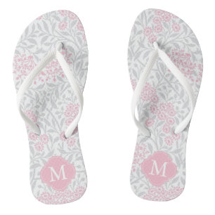 Pink and Gray Floral Damask Monogrammed Flip Flops