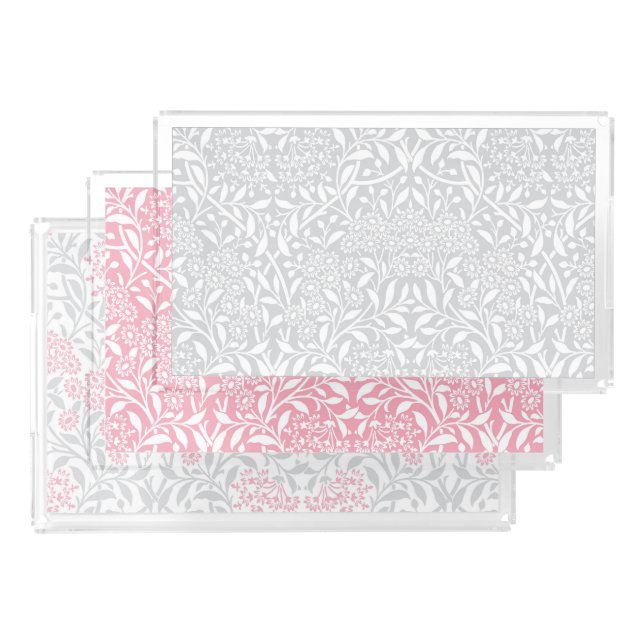 Pink and Gray Floral Damask Pattern Acrylic Tray (Set)