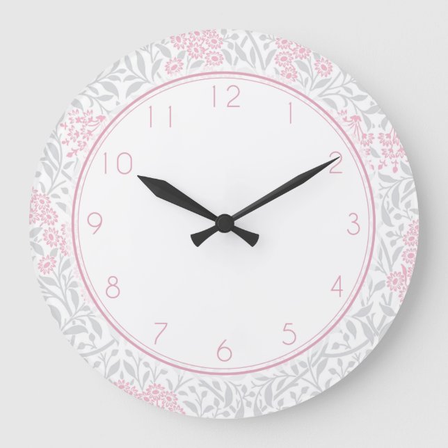 Pink and Gray Floral Damask Pattern Large Clock (Front)