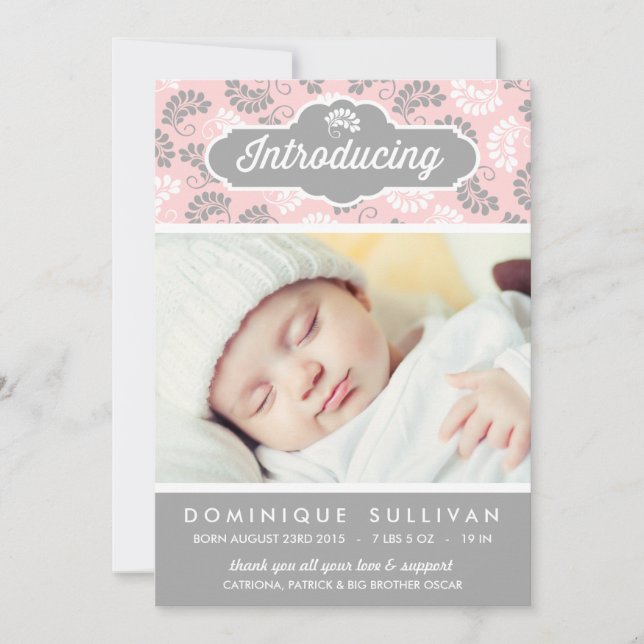 PINK AND GRAY FLORAL PATTERN | BIRTH ANNOUNCEMENT (Front)