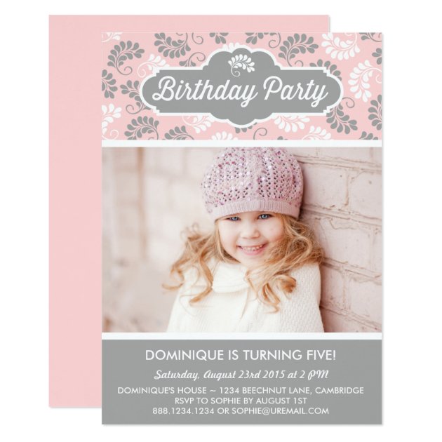 PINK AND GRAY FLORAL PATTERN BIRTHDAY INVITATION