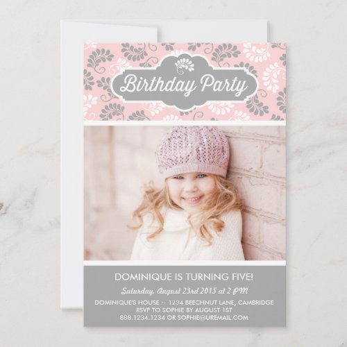 PINK AND GRAY FLORAL PATTERN BIRTHDAY INVITATION