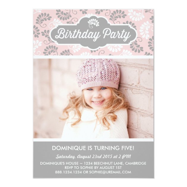 PINK AND GRAY FLORAL PATTERN BIRTHDAY INVITATION