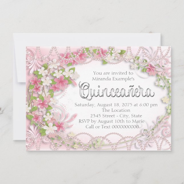 Pink and Gray Floral Quinceañera Invitation (Front)