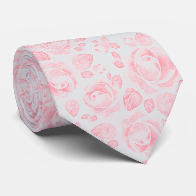 Pink and Gray Floral Rose Pattern Neck Tie (Rolled)