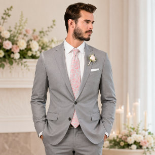 Pink and Gray Floral Rose Pattern Neck Tie