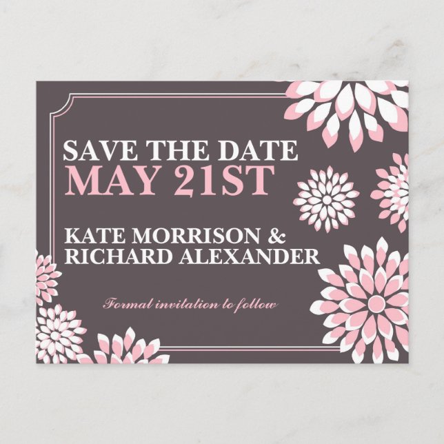 Pink and Gray Floral Save The Date Postcard (Front)