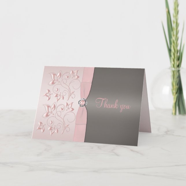 Pink and Gray Floral Thank You Card (Front)
