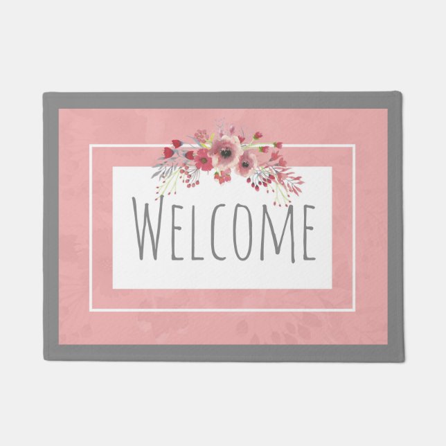 Pink and Gray Floral Welcome Doormat (Front)