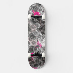 Pink and Gray Flowers Skateboard
