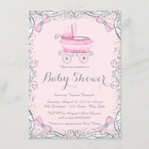 Pink and Gray Glitter Pram Baby Shower Invitation