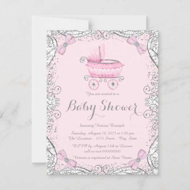 Pink and Gray Glitter Pram Baby Shower Invitation (Front)