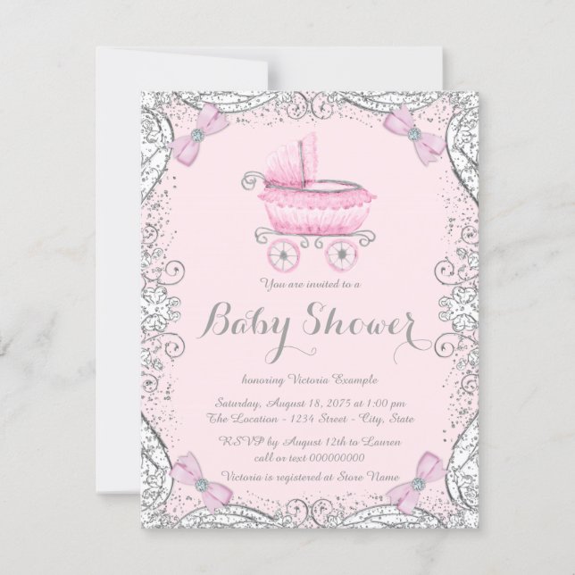 Pink and Gray Glitter Pram Baby Shower Invitation (Front)
