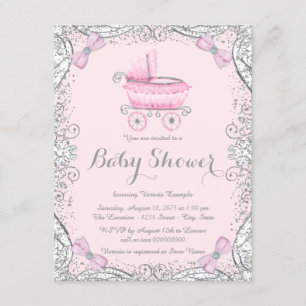 Pink and Gray Glitter Pram Baby Shower Invitation