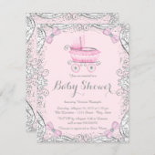 Pink and Gray Glitter Pram Baby Shower Invitation (Front/Back)