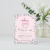 Pink and Gray Glitter Pram Baby Shower Invitation (Standing Front)
