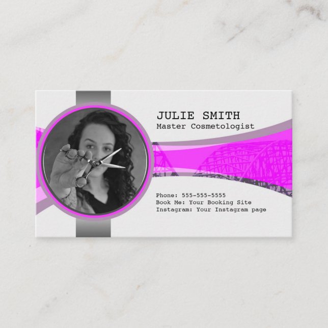 Pink and Gray Hair Stylist Photo Business Card (Front)