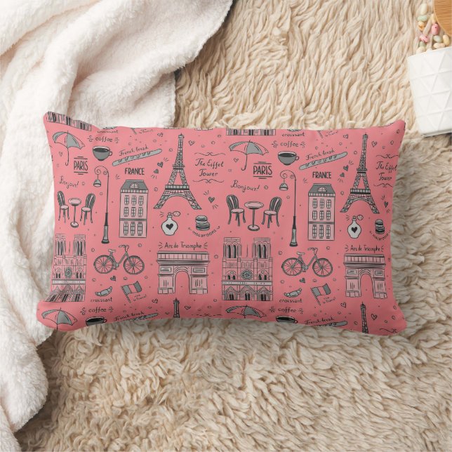 Pink and Gray Hand Drawn Paris Doodles  Lumbar Pillow (Blanket)