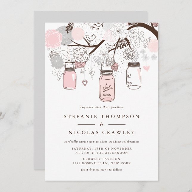 Pink and Gray Hanging Mason Jars Wedding Invitation (Front/Back)