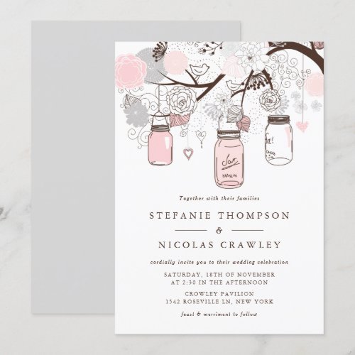Blush Pink and Grey Mason Jars Wedding Invitation