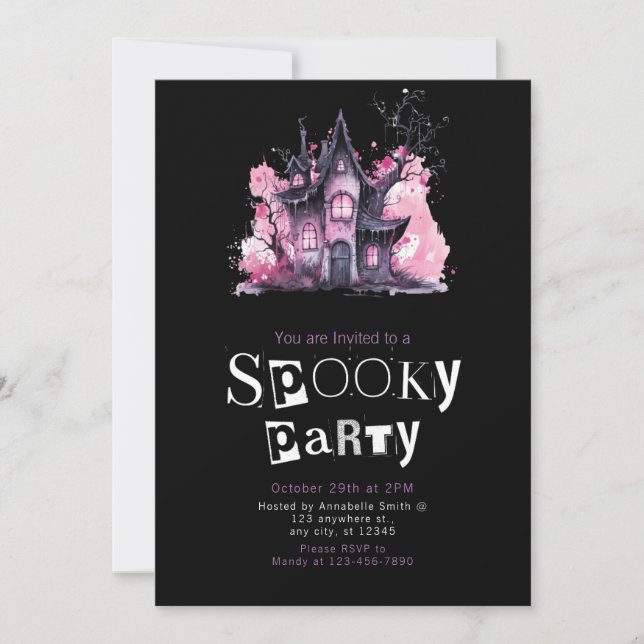 Pink and Gray Haunted House Halloween Party Invitation (Front)