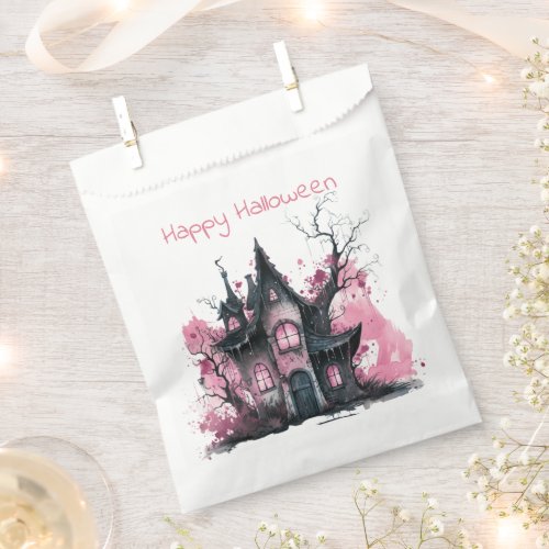 Pink and Gray Haunted House Happy Halloween Favor Bag