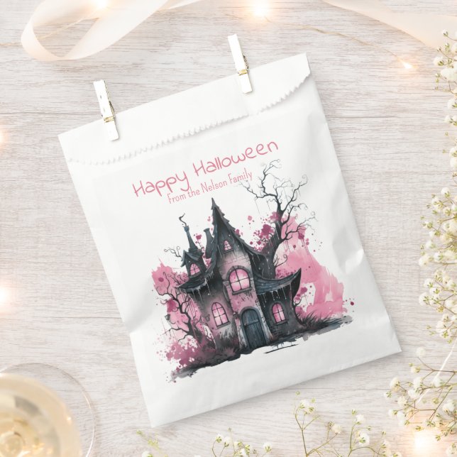 Pink and Gray Haunted House Happy Halloween Favor Bag (Clipped)