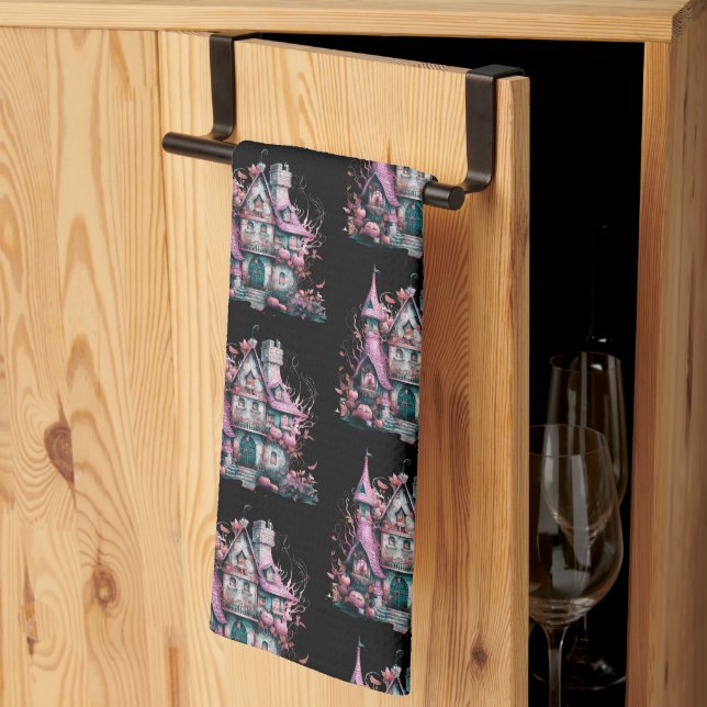 Pink and Gray Haunted House Pattern Halloween Kitchen Towel (Thirds Fold)