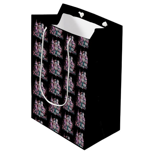 Pink and Gray Haunted House Pattern Halloween Medium Gift Bag (Front Angled)