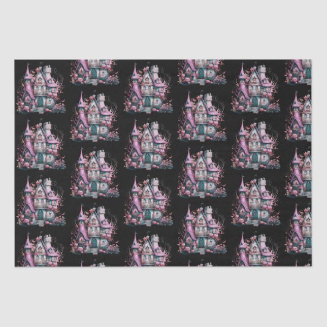 Pink and Gray Haunted House Pattern Halloween Tissue Paper (Front)