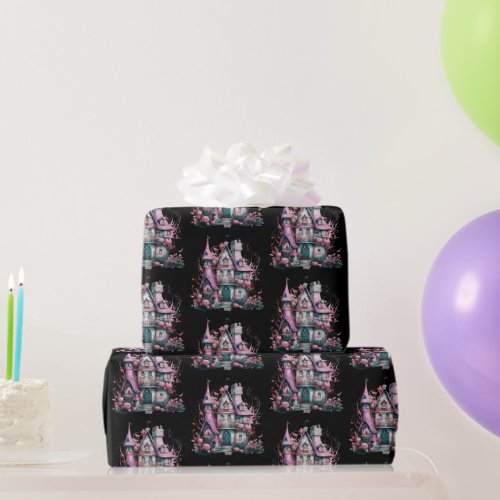 Pink and Gray Haunted House Pattern Halloween Wrapping Paper