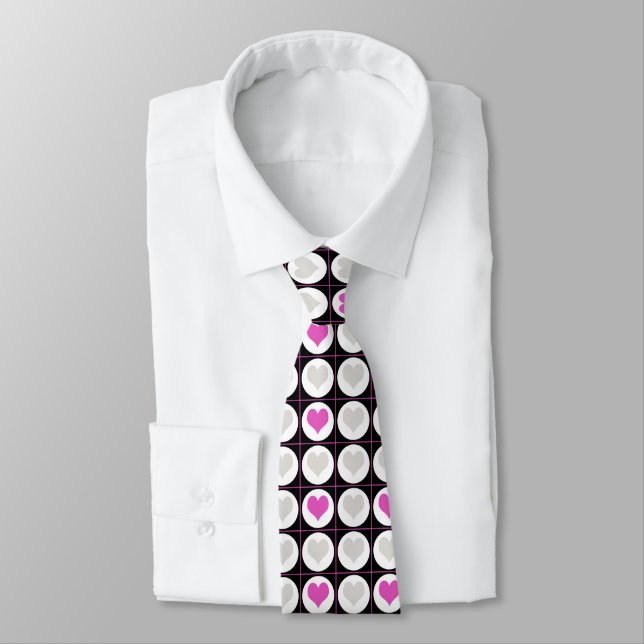 Pink and Gray Heart Grid Pattern Neck Tie (Tied)