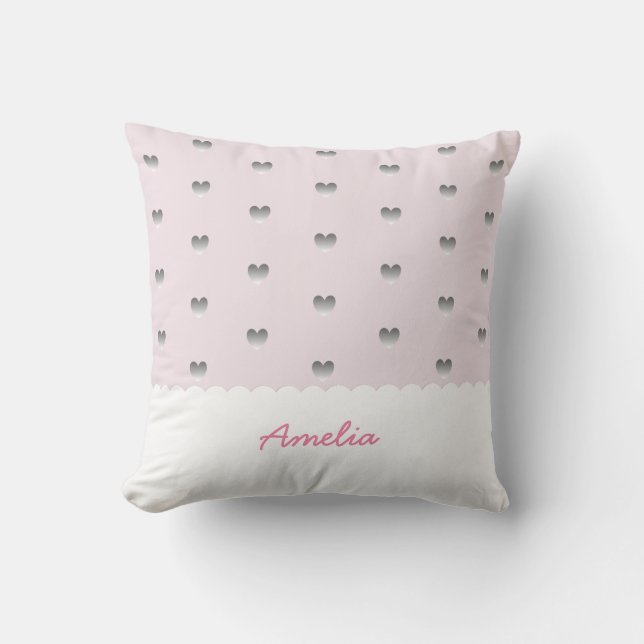 Pink and Gray Heart Pattern Scallop Cloud Monogram Throw Pillow (Front)