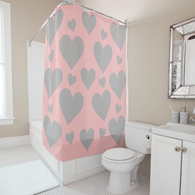 Pink and Gray Hearts shower curtain (In Situ)