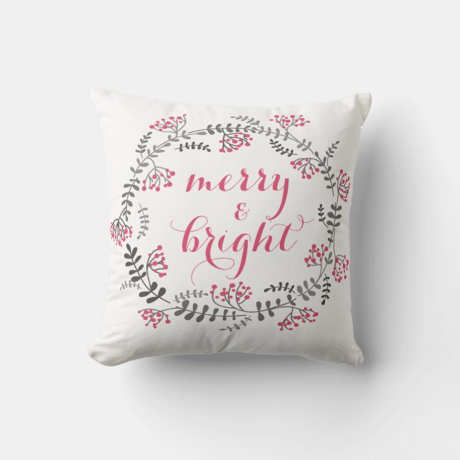 Pink and Gray Holly Wreath Holiday Pillow (Front)