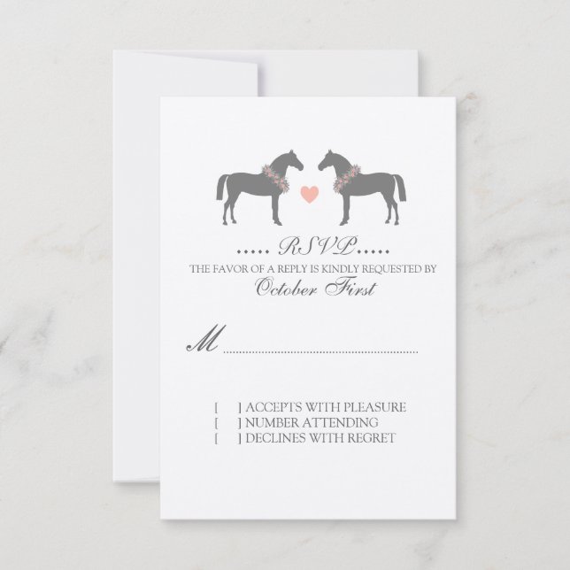 Pink and Gray Horses Wedding RSVP Card (Front)