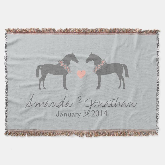 Pink and Gray Horses Wedding Throw Blanket (Front)