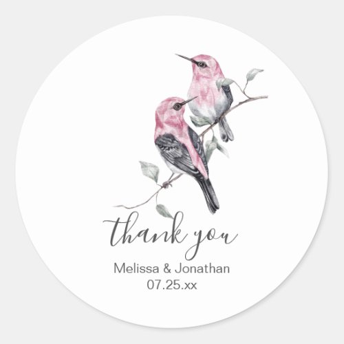 Pink and Gray Hummingbird Wedding Thank You Classic Round Sticker