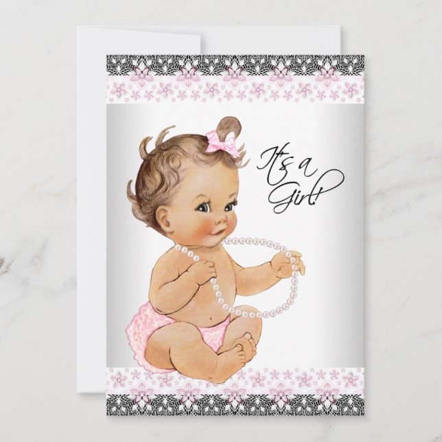 Pink and Gray Lace Pearls Baby Girl Shower Invitation (Front)