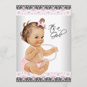 Pink and Gray Lace Pearls Baby Girl Shower Invitation