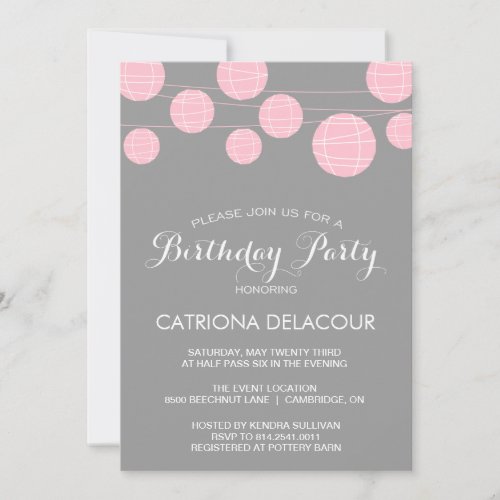 PINK AND GRAY LANTERNS BIRTHDAY PARTY INVITATION
