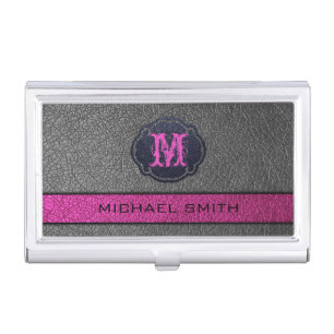 Pink and Gray Leather Custom Monogram Business Card Case