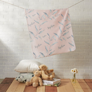 Pink and gray leaves personalized name blankets