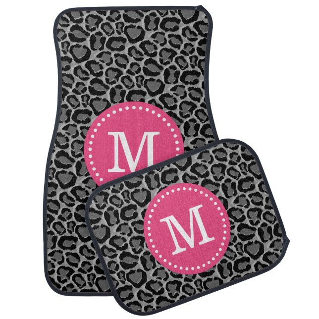 Pink and Gray Leopard Print Custom Monogram Car Mat (Set)